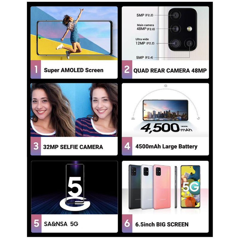Original Samsung Galaxy A51 A5160 5G Mobile Phone 128GB 8GB 6.5" Exynos 980 Octa core Quad Camera 48MP 4500mAh NFC Smartphone