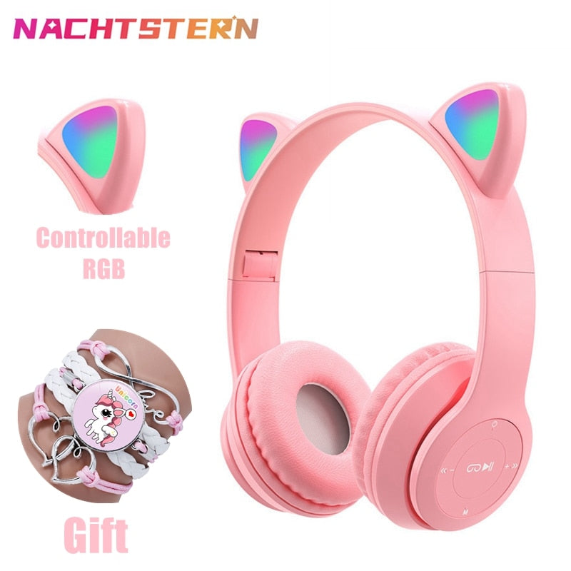 Girls Wireless Headphones RGB Cute Cat Ears Headset With Microphone